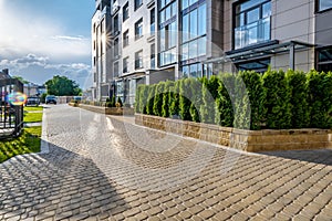 MINSK, BELARUS -  May 2021: facade and territory of a modern multi-storey residential complex
