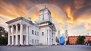 Minsk, Belarus. Old Minsk City Hall on Freedom Square Hall with rainbow - Famous Landmark