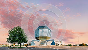Minsk, Belarus. Panorama Panoramic View Of Building Of National Library Of Belarus In Minsk. Famous Symbol Of Belarusian
