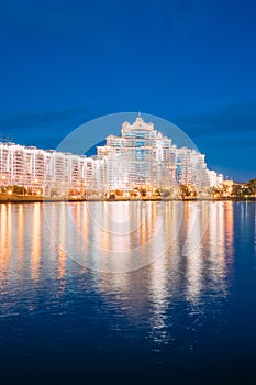 Minsk, Belarus. Residential House Near Trinity Hill Suburb, Svisloch River In District Nemiga At Summer Evening Or