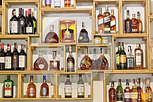 Minsk, Belarus - September, 2018: Various alcohol bottles in a bar or restaurant