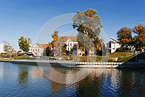 Minsk, Belarus. The Svisloch river and the Troitskoe Predmestye fall