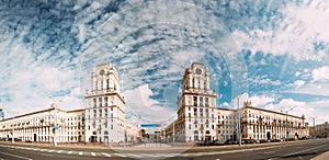 Minsk, Belarus. Two Buildings Towers Symbolizing The Gates Of Minsk