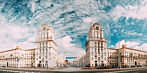 Minsk, Belarus. Two Buildings Towers Symbolizing The Gates Of Minsk, Station Square. Crossing The Streets Of Kirova And