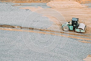 Minsk, Belarus. Vibrating Roller At WorkvOn City Building Site.