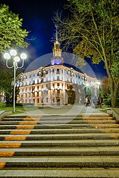 Minsk City Center During Blue Hour Time at Sunset With Scenic Night View of Street in Minsk, Belarus. Belarus Travel Destinations
