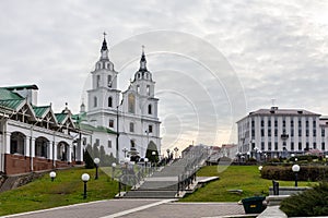 Minsk Upper City landscape with the Cathedral of the Descent of the Holy Spirit, Belarus.