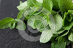 Mint. Bunch of Fresh green organic mint leaf on wooden table clo