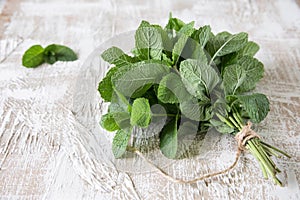 Mint. Bunch of Fresh green organic mint leaf on wooden table closeup. Selective focus.