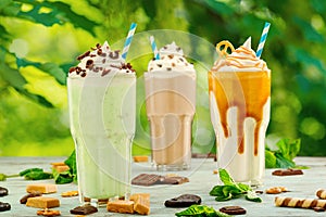 Mint, chocolate and caramel milkshakes