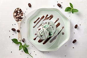 Mint Chocolate Chip Ice Cream On Plate, White Background. Generative AI