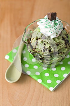 Mint chocolate chip ice cream with whipped cream