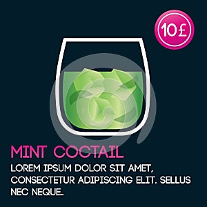 Mint cocktail card template with price and flat background.