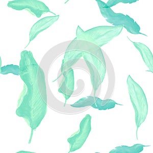 Mint Color Banana Backdrop. Seamless Garden. Turquoise Tropical Leaves. Pattern Decor. Watercolor Plant. Floral Leaves. Summer Bac