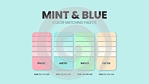 Mint color guide book cards samples. Color theme palettes or color schemes collection. Colour combinations in RGB or HEX. Set of