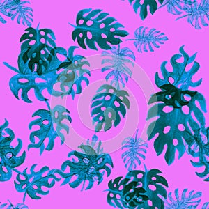 Mint Color Monstera Print. Pink Seamless Texture. Green Tropical Texture. Pattern Plant. Watercolor Leaf.Floral Texture.Summer Pla