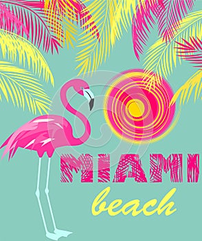 Mint color poster with Miami beach lettering, sun, pink and yellow palm leaves and flamingo. Art deco style