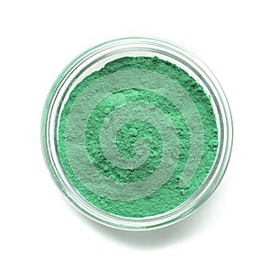Mint color powder paint in glass bowl, close up