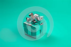 Mint gift box with ribbon and bow for man and boy isolated on blue background.Holiday gift with Birthday or