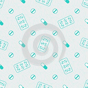 Mint green colored flat medicine vector illustration, pills seamless pattern