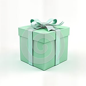 Mint green gift box sits on white background. Present light teal ribbon. Simple design. Product photo ideal for retail display photo