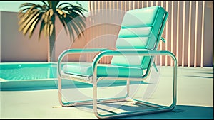 mint green lounge chair near swimming pool on luxury resort. 80s pop style.