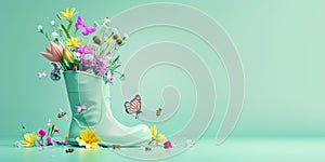 Mint green rubber boot full of colorful spring flowers with butterflies and bees on mint green background with copy space. Spring