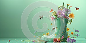 Mint green rubber boot full of colorful spring flowers with butterflies and bees on mint green background with copy space. Spring