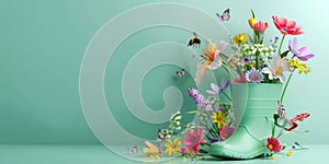 Mint green rubber boot full of colorful spring flowers with butterflies and bees on mint green background with copy space. Spring