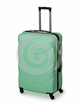 Mint Green suitcase for travel and reliable luggage storage. Plastic suitcase with wheels and retractable handle