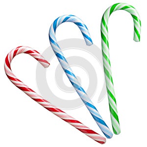 Mint hard candy cane striped in Christmas colours isolated on a white background. Closeup