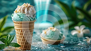 Mint ice cream cone with whipped cream in tropical setting