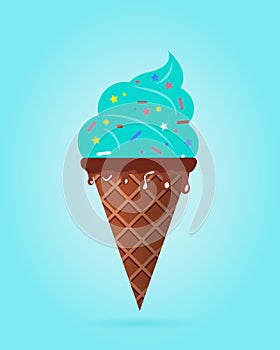 Mint ice cream in waffle cone, dairy product. Ice cream scoop image in flat style. Vector illustration.