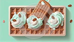 Mint ice cream and waffle illustration. AI generative