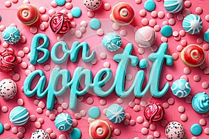 Mint inscription Bon appetit on pink background with round candies top view.