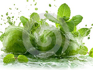 mint juice splashes from a mint, splashes of mint juice on white, Mojito drink with splash