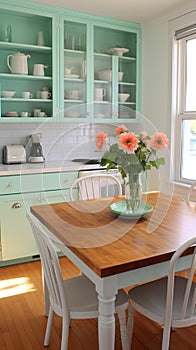 Mint kitchen with white china cabinets. Vintage wooden table . Generative AI