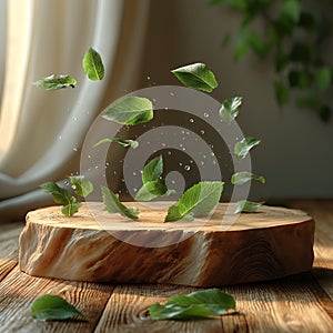 Mint leaves with drops of water falling on wooden stand in room.