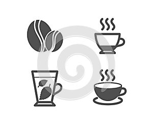 Mint leaves, Espresso and Coffee beans icons. Cappuccino sign. Mentha leaf, Hot drink, Whole bean.