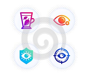 Mint leaves, Farsightedness and Eye protection icons set. Eye target sign. Mentha leaf, Optometry. Medical set. Vector