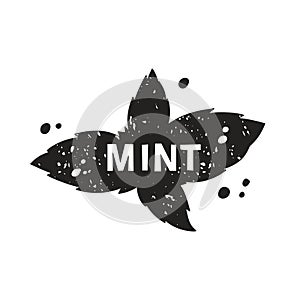 Mint leaves grunge sticker. Black texture silhouette with lettering inside. Imitation of stamp, print with scuffs