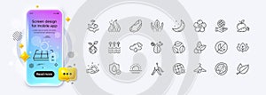 Mint leaves, Organic tested and Dirty water line icons for web app. Pictogram icon. Phone mockup gradient screen Vector