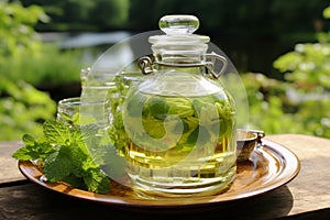 Mint and lime tea or lemonade in glass - refreshing summer drink with citrus twist