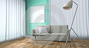 Mint Living Room Interior Design - Green mint style with sofa table lamp and frame, wooden floor on green mint wall background. 3D