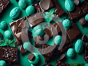 Mint melted cream on chocolate. Generative AI.