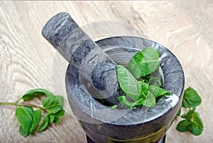 Mint in mortar and pestle. cold and flu remedy.