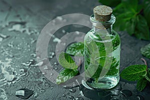 Mint Oil Bottle with Fresh Mint Leaves on Wet Dark Surface, Herbal Essence