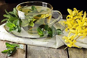 Mint or peppermint herbal tea in glass cup with fresh leaves and forsythia flowers on fabric on rustic background