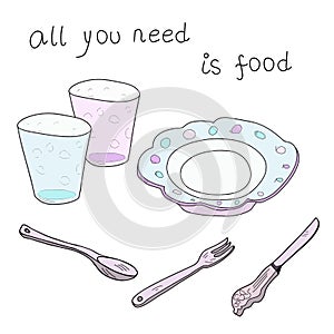 Mint plate, pink and blue glasses, silver knife, spoon, fork cartoon doodle sketch. Vector artistic outline i