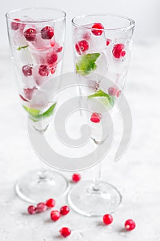 Mint and red berries in ice cubes in glasses white background